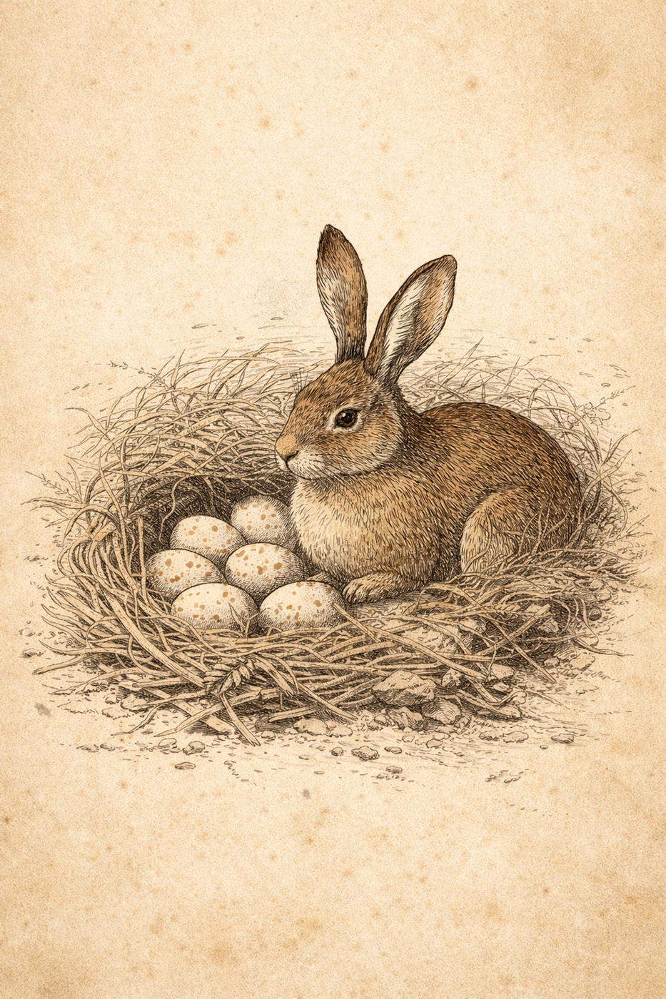 a hare in an abandoned nest with eggs