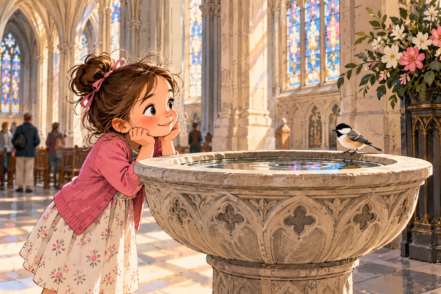 A curious child imagines a cathedral holy-water font as a bird bath