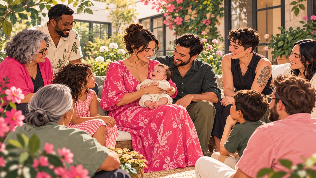 Family and friends gathering around parents and their baby for a secular naming ceremony