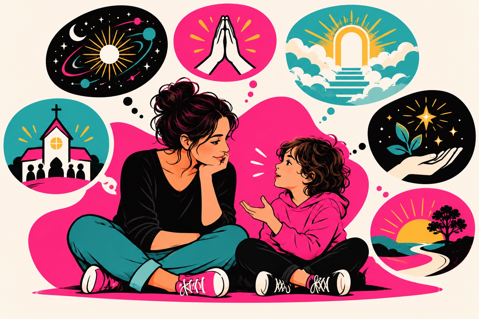 A secular parent and child discussing God, prayer, heaven, church, miracles and death