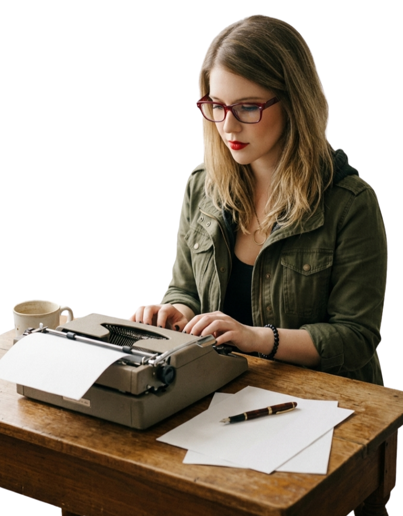 Courtney at a typewriter
